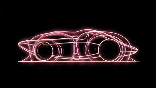 Neon lit sports car silhouette with pink glowing lines on black background