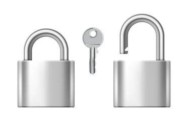 Naklejka premium Vector locked and unlocked steel padlocks with a key related to security, safety, protection. Realistic illustration isolated on white background