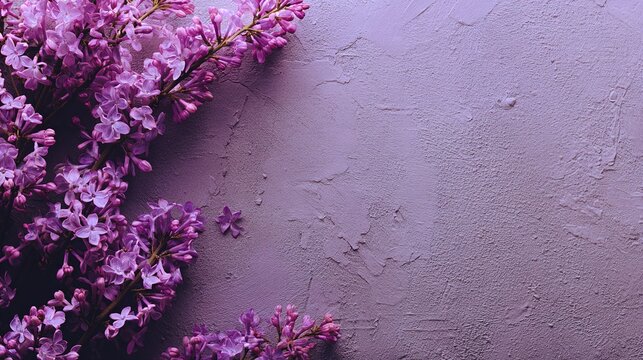 Delicate purple lilacs resting against a textured lavender background during springtime in a home setting