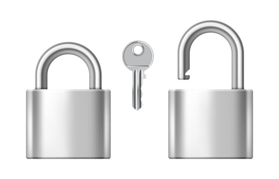 Vector locked and unlocked steel padlocks with a key related to security, safety, protection. Realistic illustration isolated on white background