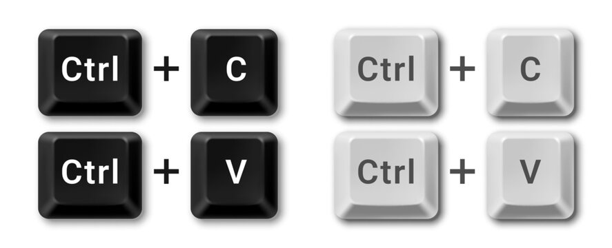 Vector black and white Ctrl + C and Ctrl + V computer keyboard buttons. Realistic keys shortcut or combination for copy and paste operation