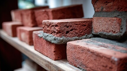 Construction setup with stacked red bricks on a wooden shelf at a building site during daylight