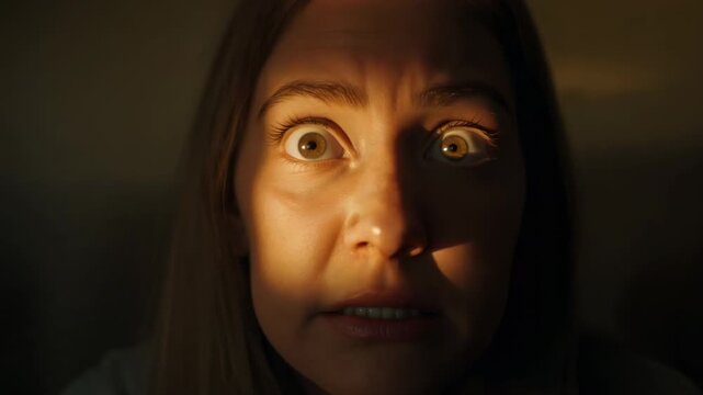 Gasping female shifting from off-frame startle to steady fear in dim room, with narrow light band