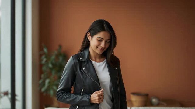 Adjusting woman holding black leather jacket lapel and tightening grip in living room, smiling