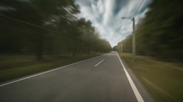 Recording dashcam capturing forward driving after start on two-lane rural road, passing orange sign