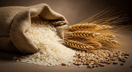 Burlap sack with rice spilling out and wheat grains on floor