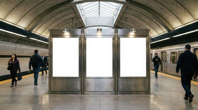 Three blank billboards ready for advertising in a subway station