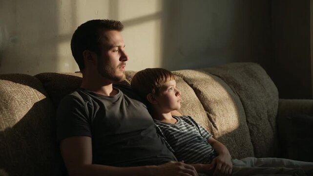 Leaning father and son shifting gaze on couch, sunlight casting window shadow, in T-shirts