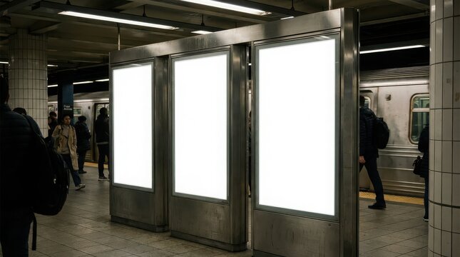 Three blank advertising panels illuminated in a subway station