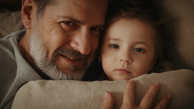 Noticing child dozing, senior man nuzzling in sweater on couch, hand on blanket soothing child