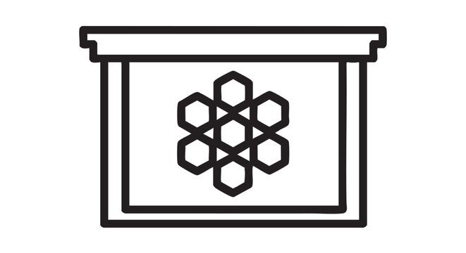 A minimalist illustration of a box with a geometric pattern on the front, viewed directly from the front