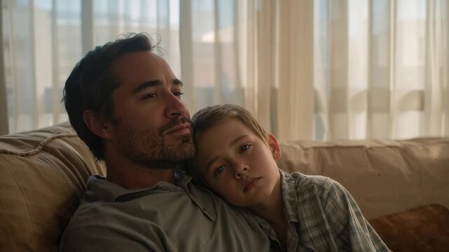 Resting father-son, boy leaning, shifting, dozing, waking on sofa at home for rest with plaid shirt