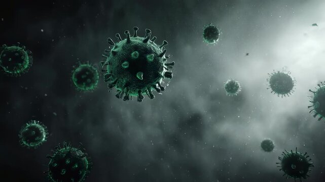 Viral particles floating in a dark, foggy environment, with a prominent virus in the foreground, illustrating the spread of disease in a mysterious atmosphere.