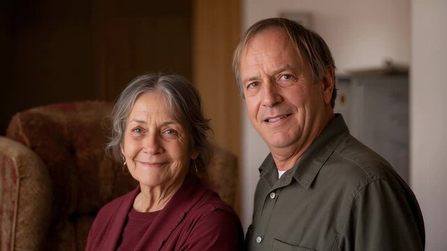 Camera starting senior couple posing on armchair, smiling for portrait, wearing maroon cardigan