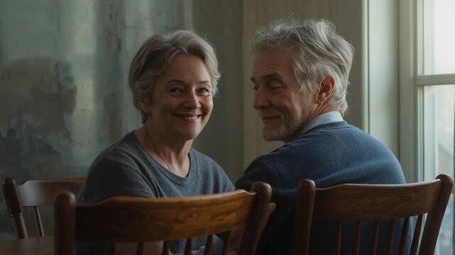 Swiveling senior couple responding to camera pan at dining table, wearing knit top and blue sweater