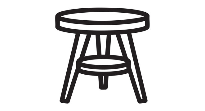 Simple black and white illustration of a three-legged stool viewed from the side in a minimalist environment