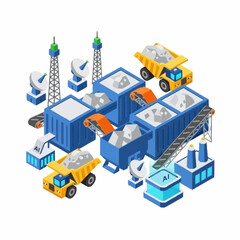 Obraz premium Isometric mining and processing plant with heavy machinery.