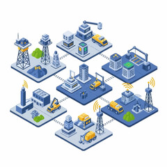 Obraz premium Isometric Smart City Network with Connected Industrial and Urban Infrastructure.