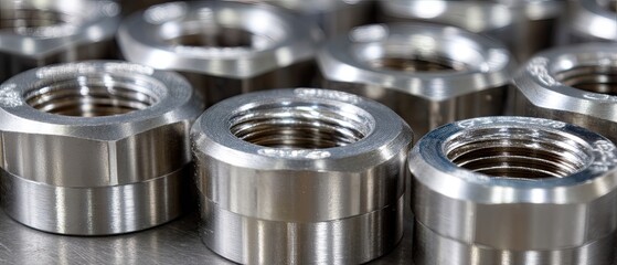 Close-up view of steel nuts arranged in a structured way on a surface, showcasing their design and texture under soft light