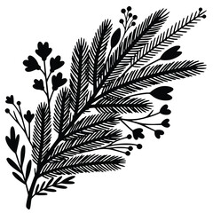 Naklejka premium Elegant black and white floral arrangement illustration with leaves and branches on a clean white background perfect for wedding invitations and decorative designs.