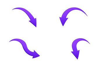 Purple 3d curved arrows pointing down, indicating direction, download, or falling movement, clean graphic elements