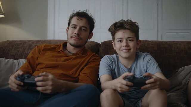 Playing father-son wearing rust shirt blue tee on home sofa bonding at game start with controllers
