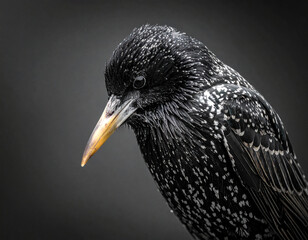 Fototapeta premium A black bird with white spots on its head. The bird has a yellow beak. The bird is sitting on a dark background