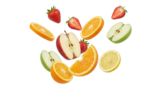 Fruits and vegetables floating isolated on white or transparent background