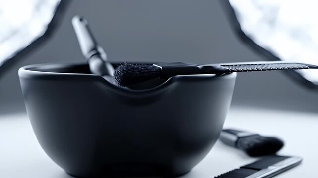 Close Up Of Black Hair Dye Bowl With Brushes And Comb In Studio Lighting