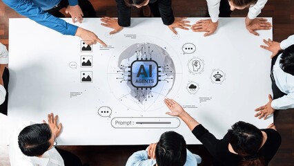 Team Collaboration on AI Agents Strategy with Digital Tools and Data Visualization Representations Around Conference Table Gluon.