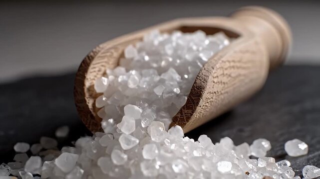 Close Up Of Coarse Sea Salt Crystals Poured From A Wooden Scoop Onto A Dark Slate Surface With Soft Lighting