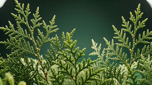 Close up Of Green Evergreen Foliage With Dark Green Bokeh Background