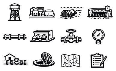 Local Water Supply Services Infrastructure in outline style: water tower, treatment plant, intake pipe, storage reservoir, distribution main, pump station. Vector icons