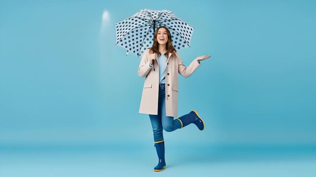 A young woman with a joyful expression stands against a solid blue background, holding a black and white spotted umbrella as if caught in a pretend rain shower.