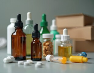 Bottles and pills show variety of medical drugs and vitamins. Essential health care items and dietary supplements arranged on table. Bottles for eye or nasal drops and capsules.