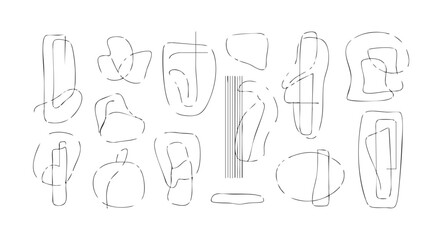 Collection of abstract shapes and forms in a minimalist line art composition on a clean background from a straightforward viewpoint