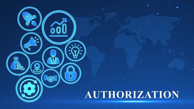 Global Authorization Concept with Digital Icons and World Map on Blue Background access security
