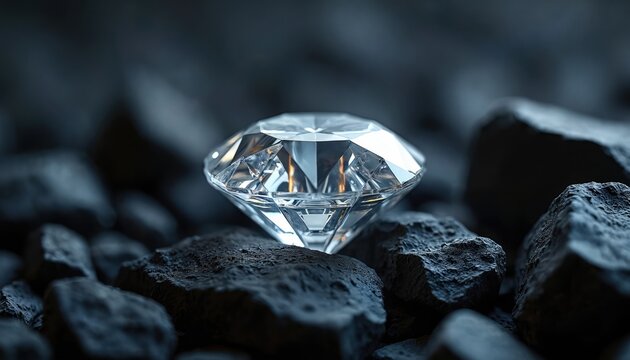 Shiny brilliant diamond rests on rough black coal pieces. Faceted clear gemstone reflects light. Precious treasure symbolizes wealth and luxury. Natural mineral mined from earth.