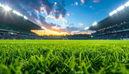 Fototapeta premium Low Angle Close-Up of Green Grass in a Professional Sports Stadium at Sunset