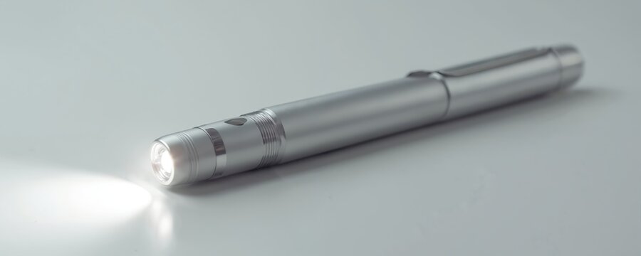 Silver penlight with bright LED shines on white surface. Practical tool for medical use. A portable light source for doctors nurses and emergency staff.