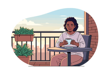 Naklejka premium Woman Enjoying Hot Beverage on Balcony with Cityscape View Peaceful Morning Routine Outdoor Relaxation