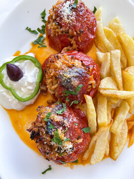 Rice-stuffed tomatoes and pepper on Crete island 