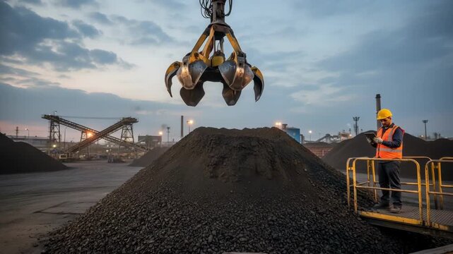 Worker carefully gathers coal from a pile using a mechanical grabber emphasizing controlled sampling for grading purposes.
