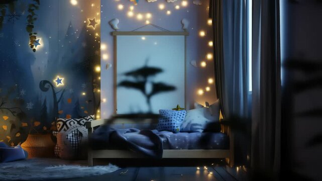 A cozy bedroom features a wooden bed with plush pillows and blankets, set against a wall adorned with a magical forest mural and glowing star-shaped string lights.