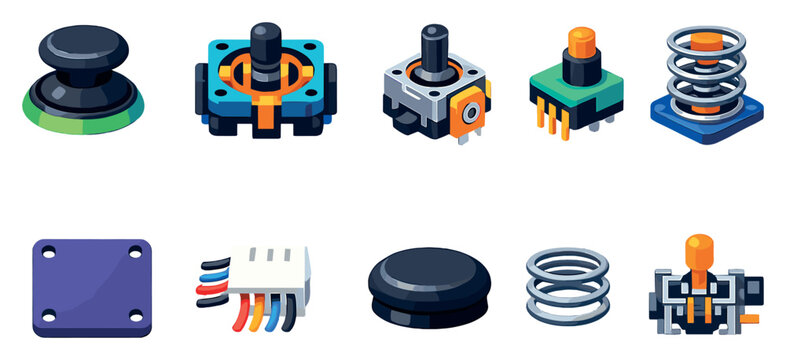 Joystick components and hardware in flat style: thumb stick, gimbal mechanism, potentiometer sensor, spring return, mounting plate, wiring connector, dust cover. Vector icons