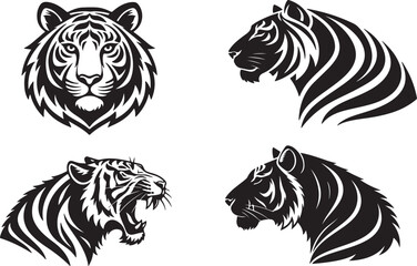 Fototapeta premium Set of fierce tiger head vector illustrations in a bold tribal style