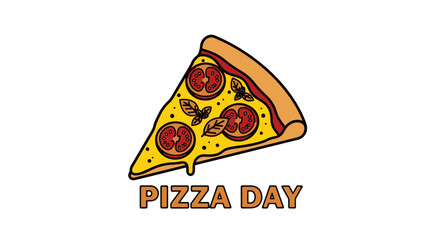 Fototapeta premium Tasty Pizza Slice with Delicious Melted Cheese, Fresh Tomatoes, Basil, and Text for a Fun Pizza Day Celebration