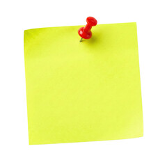 Blank fluorescent yellow sticky note with red pushpin