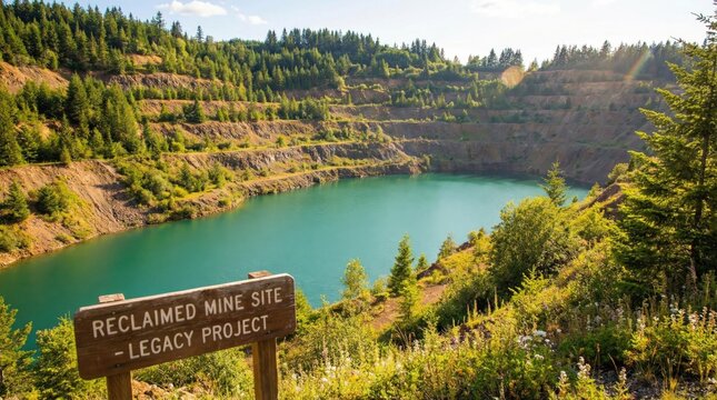 Reclaimed Mine Site: A picturesque reclaimed mine site showcases a beautiful lake nestled within terraced slopes, highlighting environmental restoration and responsible land use. 