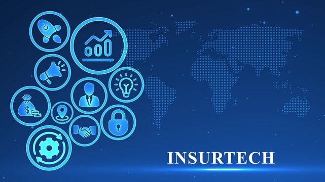 Insurtech Technology Icons and World Map on Blue Background with Digital Dots and Glowing Text insurance